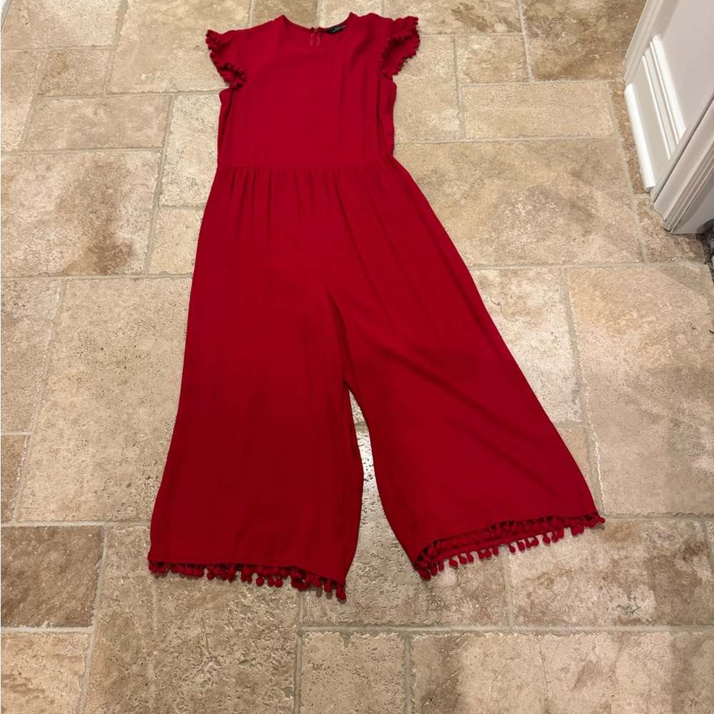 Zara Red Jumpsuit with Ruffled Sleeves and Wide-Leg Design